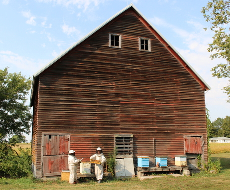 beekeepers in full suits with barn behind them