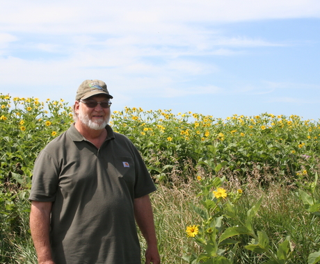 Mark Tjelmeland standing in front of sunflowers