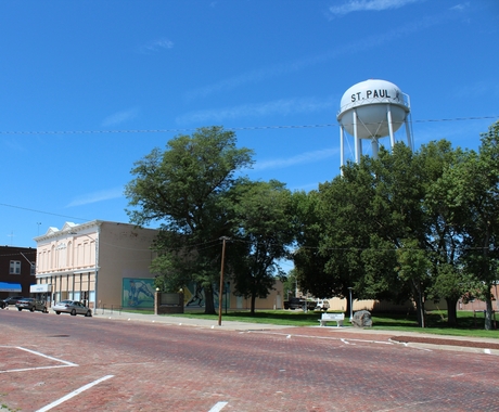 main street in Nebraska, water tower in background