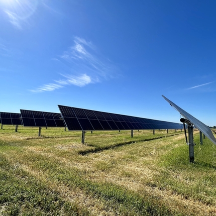 solar arrays with grass underneath and blue sky above