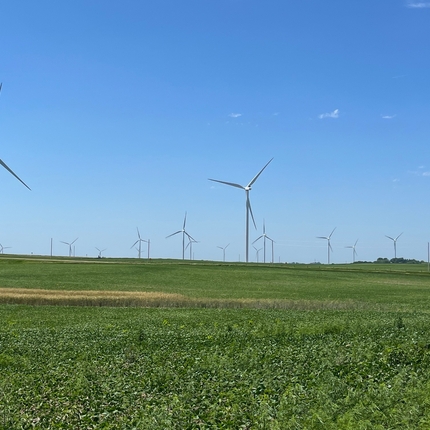 wind turbines in a farm field with crops in the foreground.