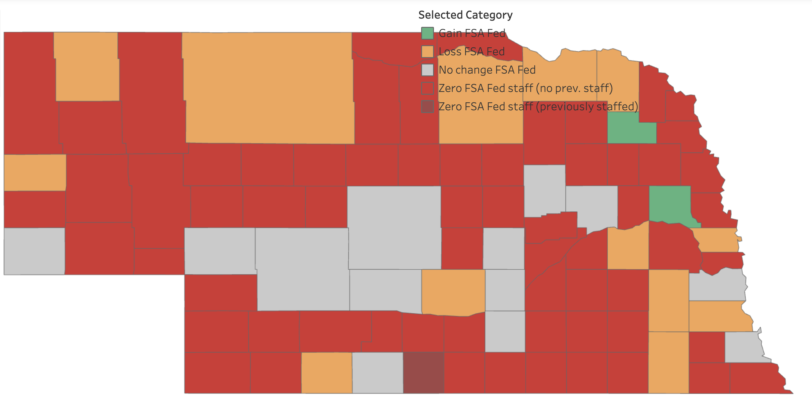 Graphic of the outline of the state of Nebraska with the counties outlined. Each county is color coded to indicate the change in FSA staffing, from red to white to orange to green.