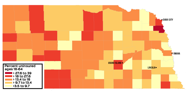 Map of Nebraskans who fall into the coverage gap, by county