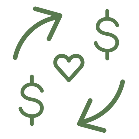 Illustration of dollar signs with arrows between, and heart in the center