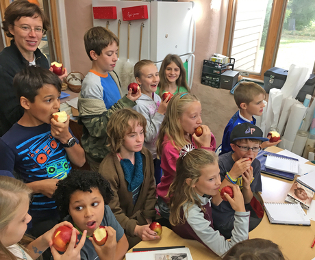 Students eating apples