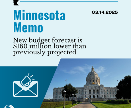 Blue graphic that says "Minnesota Memo" and "03.14.2025" on the top, then "New budget forecast is $160 million lower than previously projected" with a photo of the Minnesota statehouse in the lower right hand corner, and an image of an envelope and a megaphone in the lower lefthand corner 
