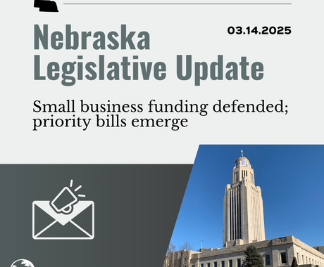 Grey graphic that says "Nebraska Legislative Update" and "03.14.2025" on the top, then "Small business funding defended; priority bills emerge " with a photo of the Nebraska State Capitol building in the lower right hand corner, and an image of an envelope and a megaphone in the lower lefthand corner 