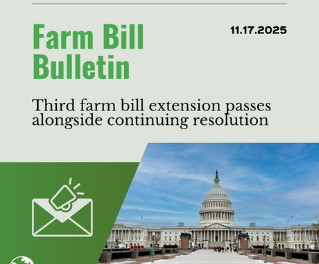 Graphic that says "Farm bill bulletin" and "11.17.2025" on the top, then "Third farm bill extension passes alongside continuing resolution" - on the bottom is a photo of the US Capitol