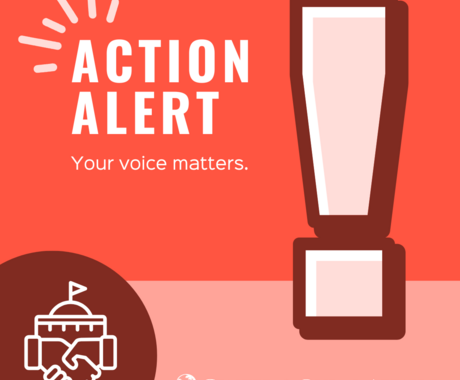 Red graphic that says "Action Alert: Your voice matters"