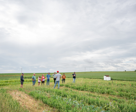 A group of about 8 people listening to a 30s-male who is standing in rows in a small field. Behind the group is a large conventional farming field.