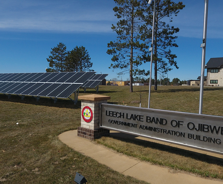 Solar panels at the entrance to  Leech Lake Band of Ojibwe building