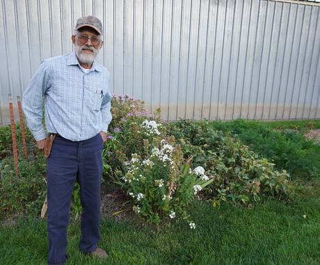A man in a light blue shirt and blue pants standing next to a garden and medal building