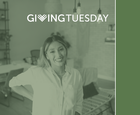 Woman standing in a salon with a green overlay on the photo and "Giving Tuesday" on top of the image