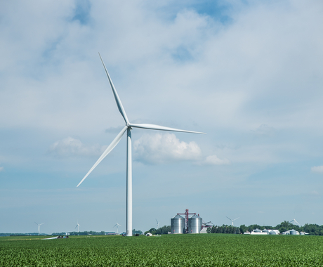 Wind turbine in a farm field with crops surrounding it and farm operation in the background.