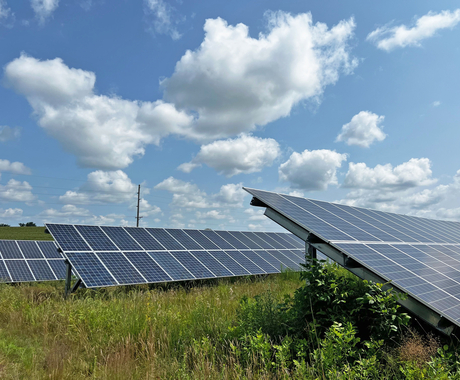 3 paneles solares con pastos de pradera debajo. Un cielo azul con nubes esponjosas arriba.