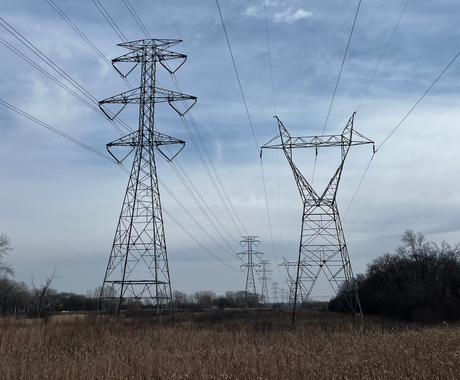 High-voltage power lines stretch across a flat, grassy field under a partly cloudy sky. Two distinct styles of steel transmission, one with a lattice design and the other with a wide, V-shaped structure. More towers extend into the distance. Leafless trees line the edges of the field.