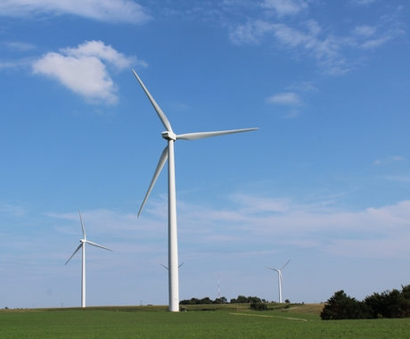 Wind turbines in rural field.