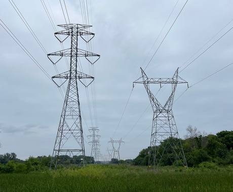 High-voltage transmission towers and power lines stretch across a grassy field with trees in the background under an overcast sky.
