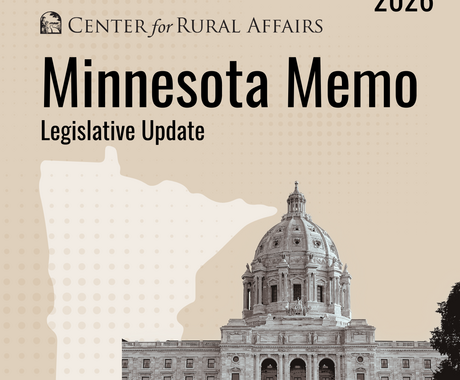 Beige graphic that says "Center for Rural Affairs 2026 Minnesota Memo Legislative Update" with an outline of the state of Minnesota and a photo of the state capitol building