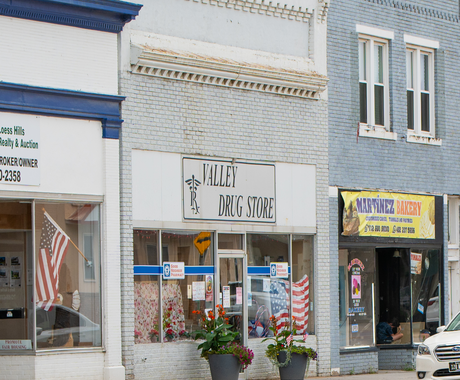 Image of Valley Drug Store storefront in Missouri Valley, Iowa. It's a white brick building with large glass windows and a sign that says "Valley Drug Store" and has two large plants in grey pots flanking the door. To the right is a blue brick building with a yellow sign that says "Martinez Bakery."