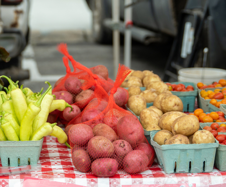 Baskets of vegetables on a table covered with a red and white checkered tablecloth. Vegetables include green cucumbers, light green banana peppers, red potatoes in a red mesh bag, brown small potatoes, cherry tomatoes.