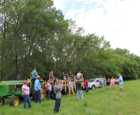 People on a hayrack looking at a field