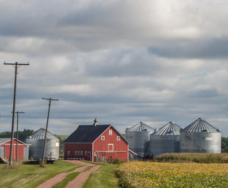 A gravel road leads up to a red barn surrounded by silver silos.