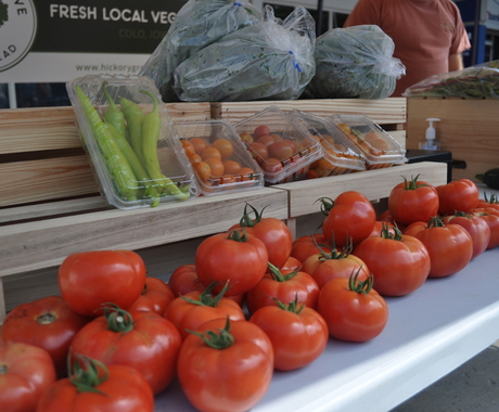 Tomatoes and other veggies on a table