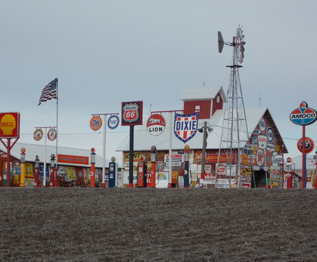 Barn with old gas station signs