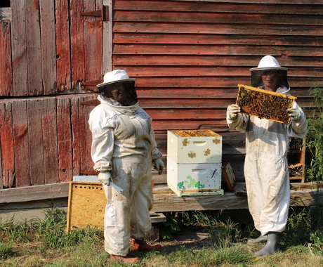 two people in bee suits
