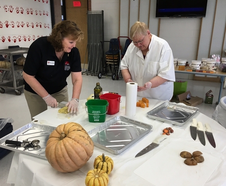 Cafeteria workers giving a demonstration