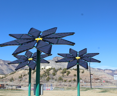 Solar panels in the shape of sunflowers. Panels that power a Colorado community