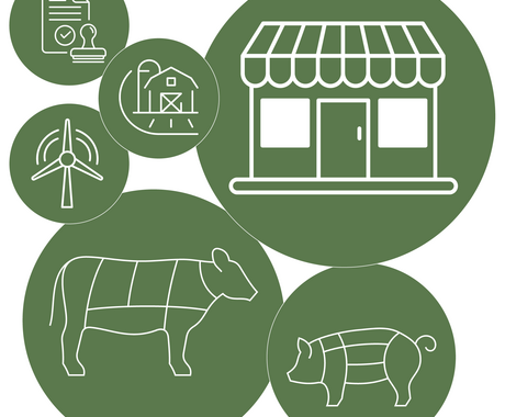 Green circles with graphics of stamp, farm, wind turbine, storefront, cow, and pig