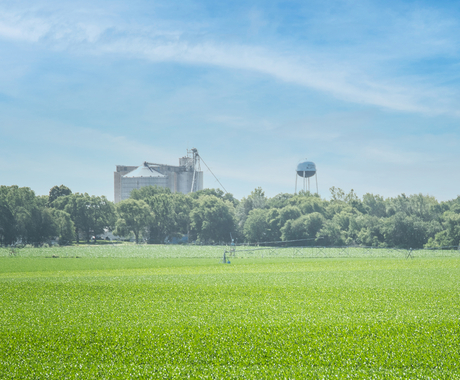 Small town water tower and grain elevator as seen from across a field in mid summer