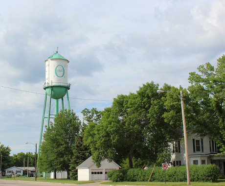 community water tower and house