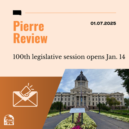 Gráfico que dice "Pierre Review, 01.07.2025" en la parte superior. Luego, "La sesión legislativa número 100 comienza el 14 de enero" y en la parte inferior hay una imagen del capitolio estatal de Dakota del Sur.