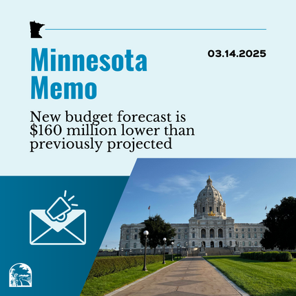 Gráfico azul que dice "Minnesota Memo" y "03.14.2025" en la parte superior, luego "El nuevo pronóstico presupuestario es $160 millones menor que el proyectado anteriormente" con una foto del capitolio estatal de Minnesota en la esquina inferior derecha y una imagen de un sobre y un megáfono en la esquina inferior izquierda. 