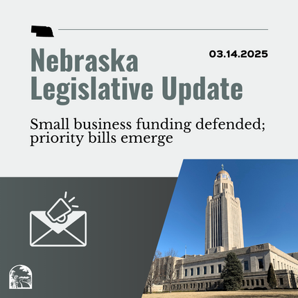 Grey graphic that says "Nebraska Legislative Update" and "03.14.2025" on the top, then "Small business funding defended; priority bills emerge " with a photo of the Nebraska State Capitol building in the lower right hand corner, and an image of an envelope and a megaphone in the lower lefthand corner 