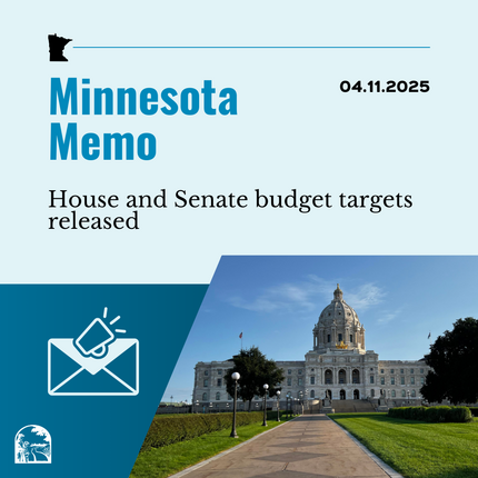 Gráfico azul que dice "Minnesota Memo" y "0.11.2025" en la parte superior, luego "Objetivos presupuestarios de la Cámara y el Senado publicados" con una foto de la legislatura estatal de Minnesota en la esquina inferior derecha y una imagen de un sobre y un megáfono en la esquina inferior izquierda.
