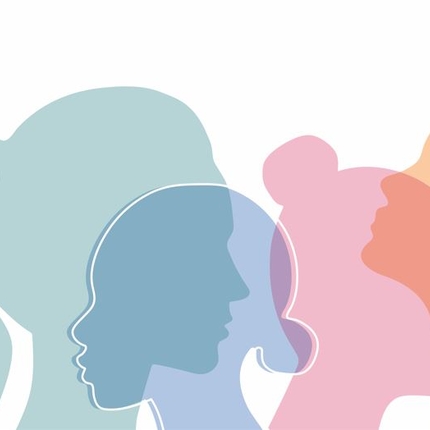 Graphic showing shadows of female heads in a variety of colors on white background
