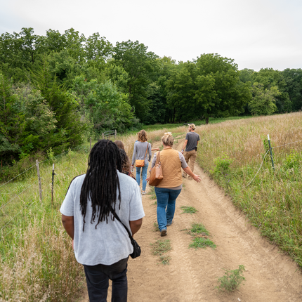 A group of people walk along a dirt path through a grassy field bordered by a fence, with dense green trees in the background under an overcast sky.