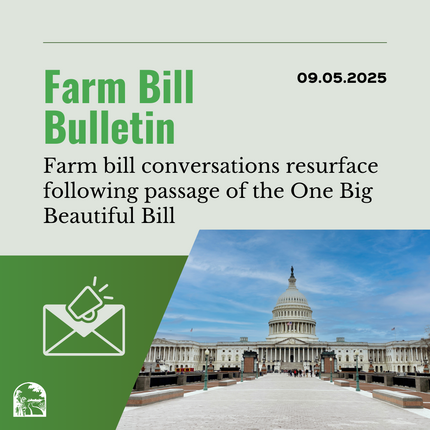 Gráfico que dice "Boletín de la ley agrícola" y "09.05.2025" en la parte superior, luego "Las conversaciones sobre la ley agrícola resurgen tras la aprobación de la One Big Beautiful Bill"; en la parte inferior hay una foto del Capitolio de los EE. UU.