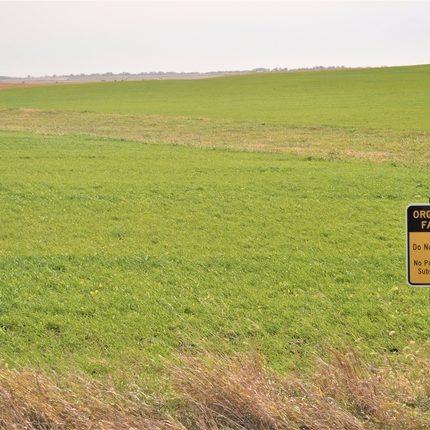 Campo agrícola con letrero que dice granja orgánica: no rocíe