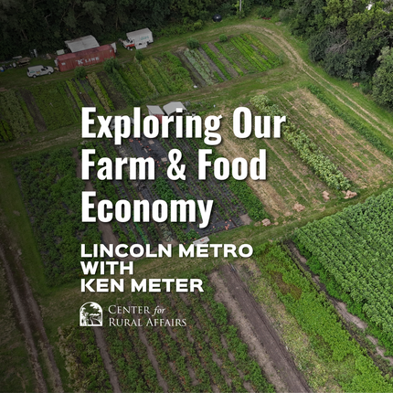 Aerial view of a small farm with rows of green crops, pathways, and a few trucks and storage containers. Overlaid text reads: “Exploring Our Farm & Food Economy – Lincoln Metro with Ken Meter – Center for Rural Affairs.”