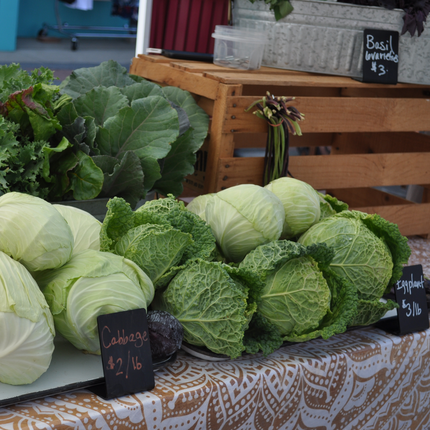 Una exhibición de verduras frescas en un puesto de mercado agrícola, incluyendo coles verdes y col de Saboya dispuestas sobre un mantel estampado. Pequeños carteles en pizarra indican los precios: "Col $2/lb", "Berenjena $3/lb" y "Albahaca (variedades) $3". Al fondo se ven otras verduras de hoja verde y otros productos, junto con cajas de madera y contenedores metálicos.