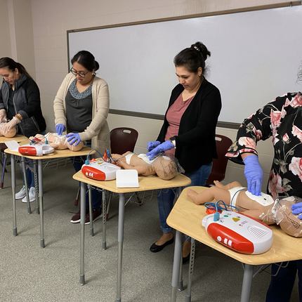 Four women standing at desks, practicing CPR on dummies