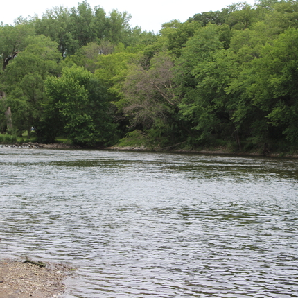 Photo of a river. On the bank closest to us is sand and large rocks. On the bank opposite the water are full decidious trees. The river is a dark color and has ripples.