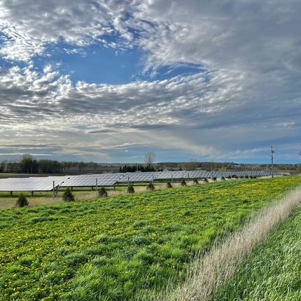 A photo looking down the length of a solar panel array. Green grass and a blue, scenic sky.