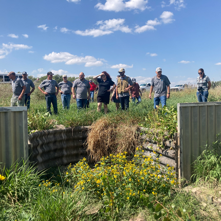 A group of 12 stand in a field of tall grass and weeds surveying a grade stabilization drop structure near Shell Creek. Many wear jeans and baseball caps. The sky is blue and filled with fluffy white clouds. At the front of the image, we see the grade stabilization drop structure, which appears to be a retaining wall of sorts. Yellow wildflowers grow among the weeds and grasses. 