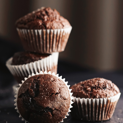 Chocolate muffins stacked on each other